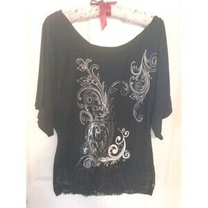 Goth / Grunge Black Top Silver Design  And Black Lace Border. Chest 34". B14